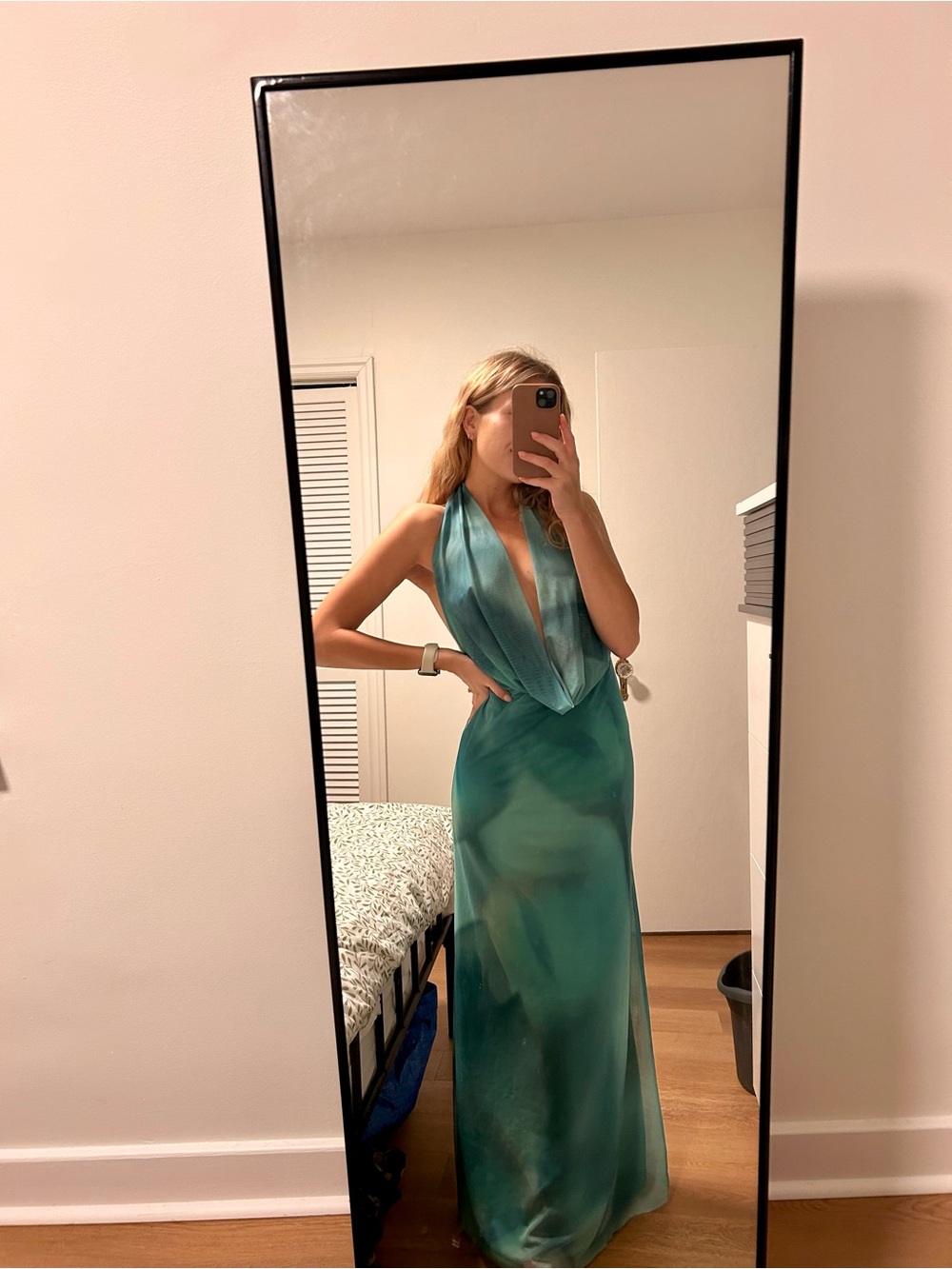 ZARA Teal Abstract Halter Mesh Evening Dress | Open Back | Size S